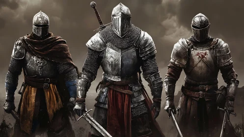 Armored knights advance under storm-dark medieval sky.