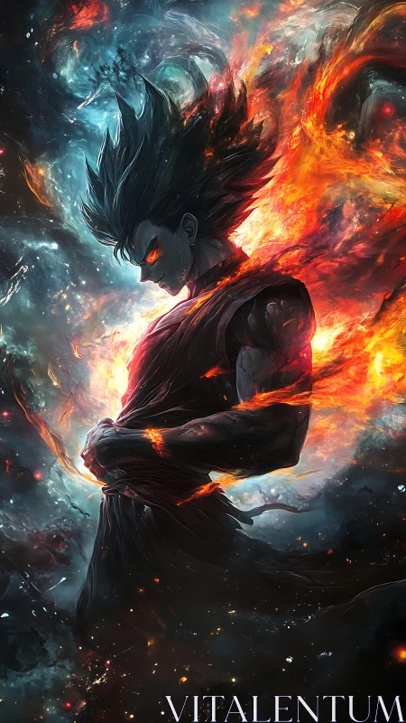 Starlit inferno warrior broods within cosmic stormfire.