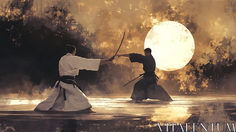 Samurai duel with drawn katanas before a large setting sun
