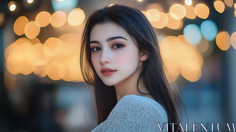 Soft-lit portrait of a serene woman against glowing bokeh