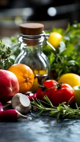 Fresh produce and herbs surround rustic glass oil bottle.