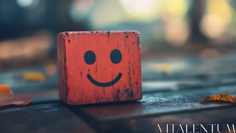 Weathered red smiley block rests on blurred autumn surface