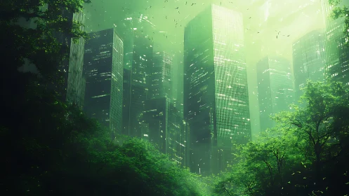 Eco-Dystopian Cityscape with Green Light and Dense Vegetation.