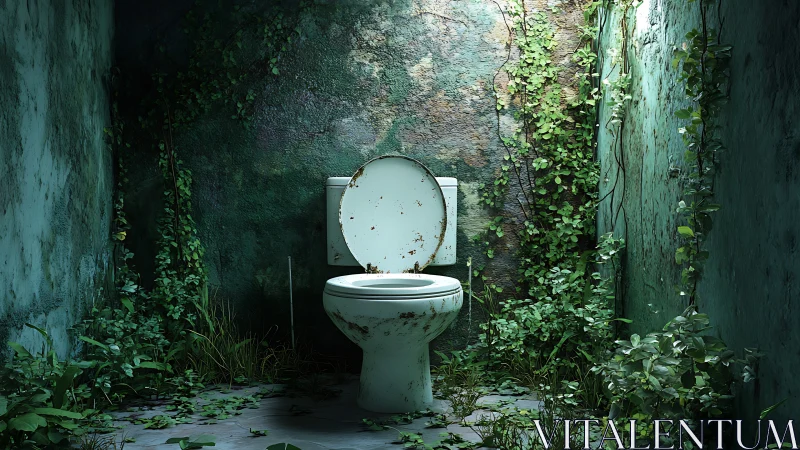 Nature quietly reclaims a forgotten emerald-tinted bathroom sanctuary