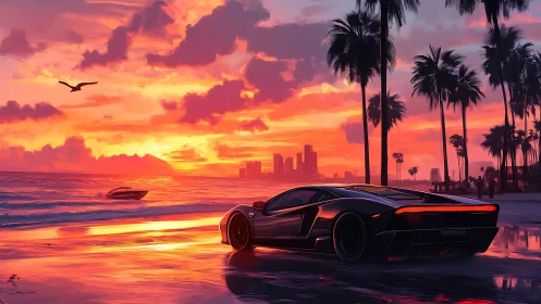 Sleek sports car basking in a glowing tropical beach sunset.