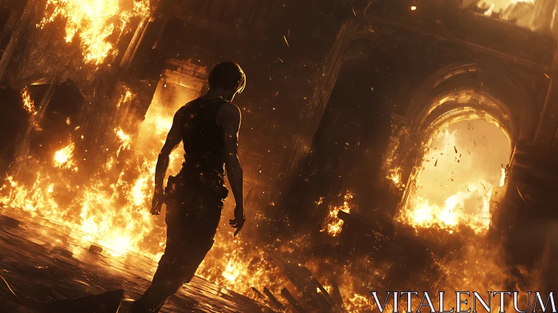 Silhouetted figure standing in massive inferno with intense orange flame