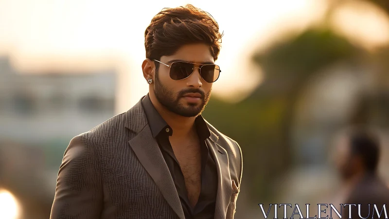 Man in gray suit walks outdoors in soft evening light