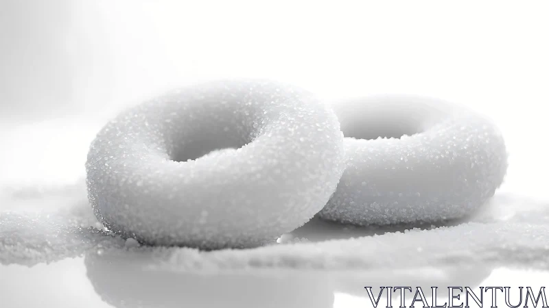 Sugar-coated donut rings exhibiting granular crystalline surface texture with macro depth of field