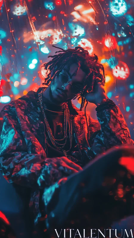 Moody portrait in neon bokeh with reflective urban energy.