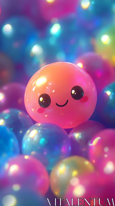 Kawaii glossy orb character in iridescent bokeh field.