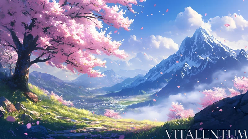 Dreamy cherry blossom valley beneath a peaceful mountain.