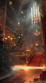 Grand gothic hall with illuminated Christmas staircase.