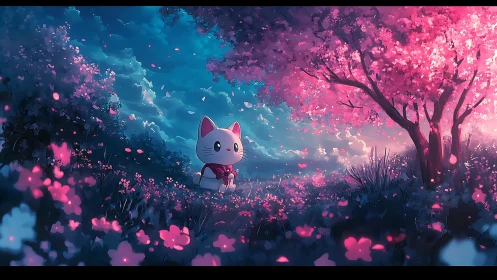 Whimsical lucky cat beneath radiant cherry blossom twilight.