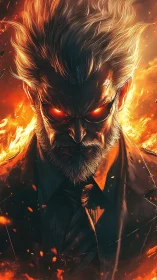 White‑haired demon executive glares through swirling flames