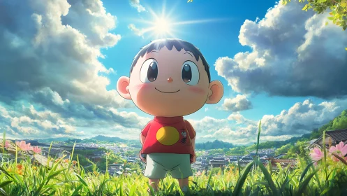 Sun-crowned village dreamer under festival-bright skies.