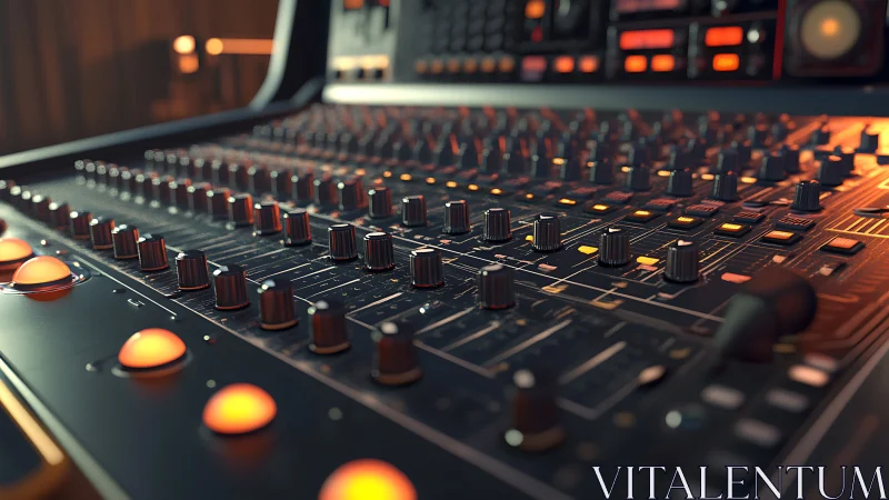 Studio mixing console glows with warm, cinematic light