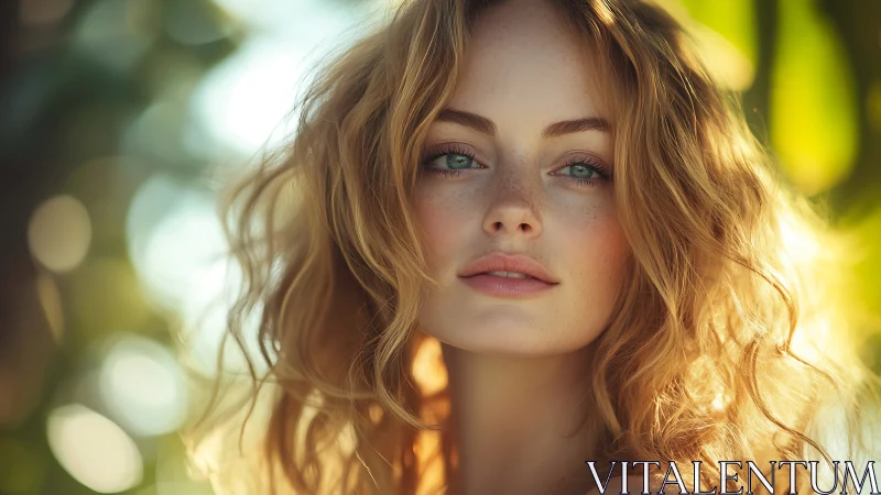 Sunlit portrait of freckled woman framed by soft bokeh glow.