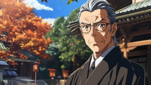 Stoic temple scholar under autumn lanterns of quiet resolve.