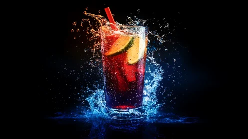 Dynamic Splash Cocktail with Citrus and Red Liquid.
