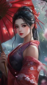 Red parasol gathers spring light around serene gaze