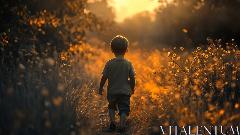 Child Figure Traversing Golden-Hour Wildflower Field With Backlighting.