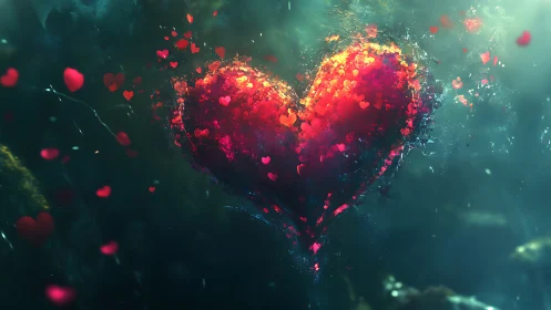 Glowing heart shape constructed from thousands of small red particles