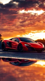 Red sports coupe is parked on wet asphalt at sunset