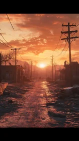 Sunlit ruins along frozen post‑apocalyptic roadway at dusk.