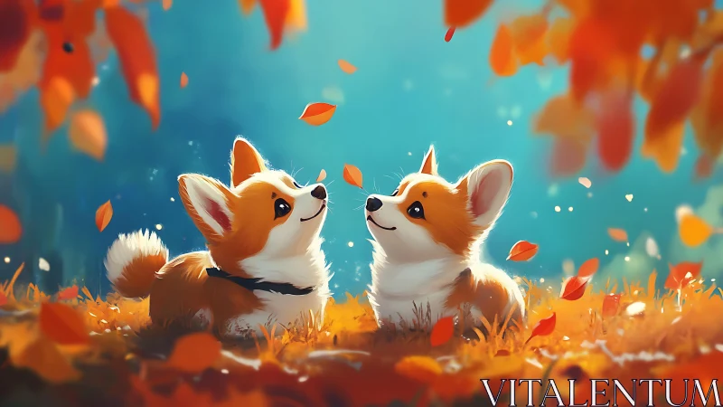 Autumn corgi puppies under diffuse backlight amid falling leaves