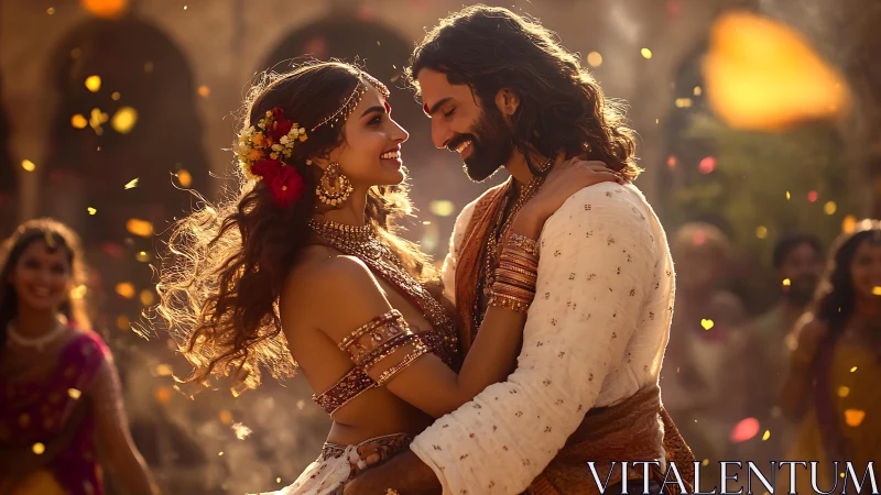 Romantic embrace adorned in golden light with festive celebration.