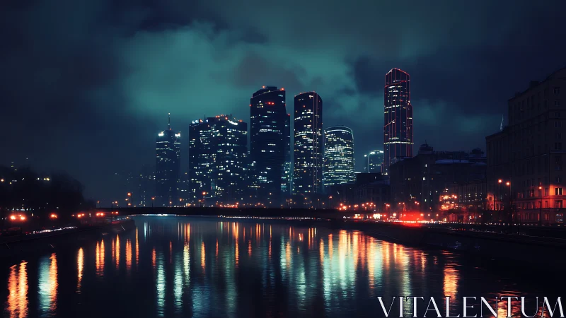 Cyberpunk riverside skyline with neon-lit glass towers at night.