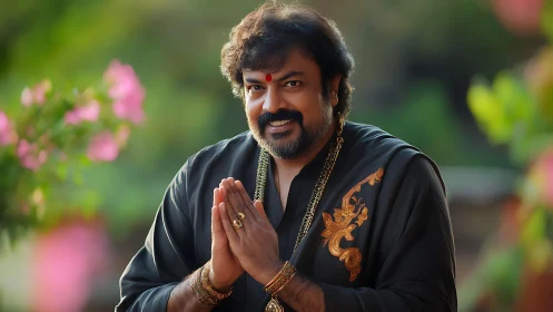 Digitally rendered greeting portrait with ornate ethnic attire.