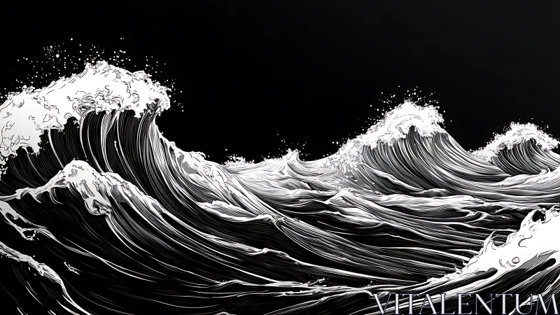 Monochrome storm waves rendered with dynamic line energy.