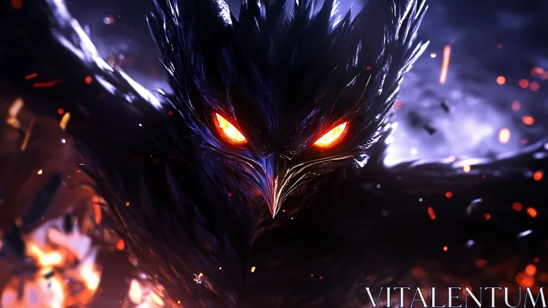Demonic raven surges through firelit darkness with blazing eyes