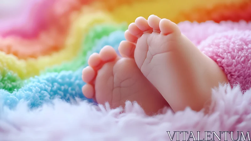 Newborn feet rest on soft rainbow blanket in closeup