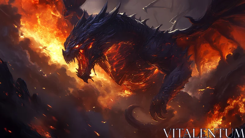 Infernal dragon emerges from volcanic storm in dynamic flames