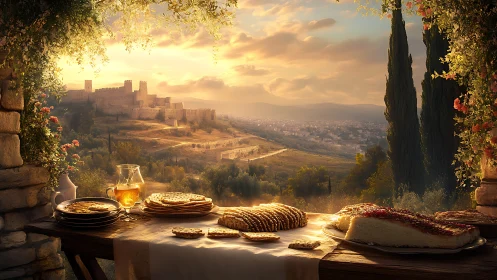 Backlit rustic terrace breakfast overlooking fortified hilltop city