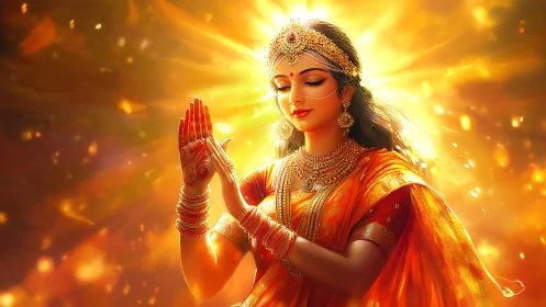 Divine woman in golden aura with intricate ethnic adornments.