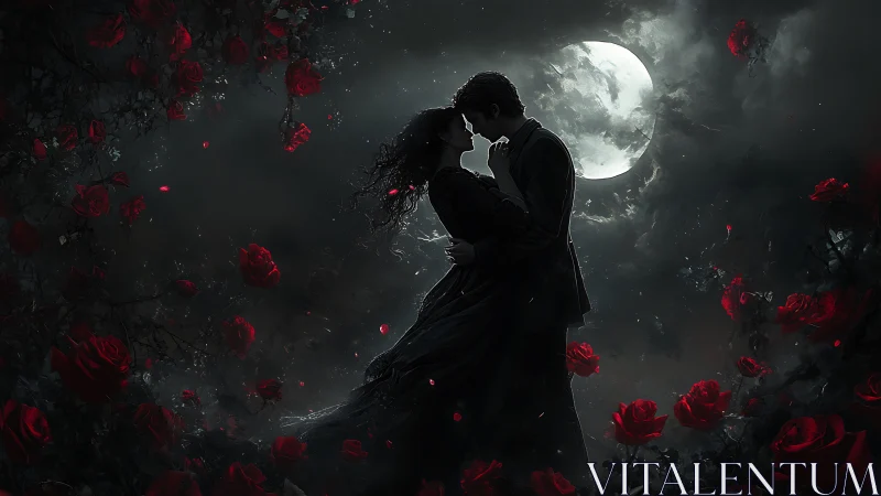 Moonlit Embrace: Romantic Kiss Beneath Full Moon and Red Roses