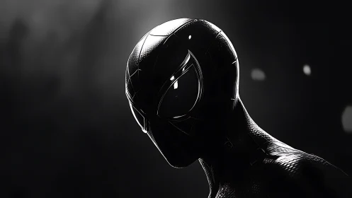 Black suited masked figure in high contrast side profile view.