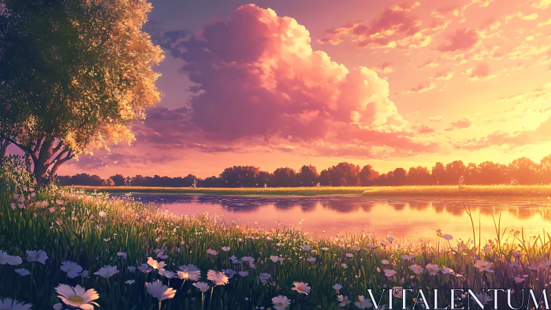 Sunlit riverside meadow under glowing pastel sunset sky.