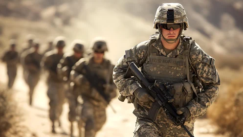 Dusty desert march with focused soldiers on patrol.