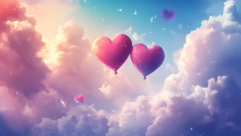 Heart Balloons Ascending Through Pastel Clouds.