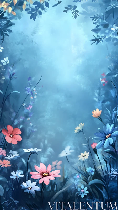 Ethereal Blue Floral Garden with Blooming Florals