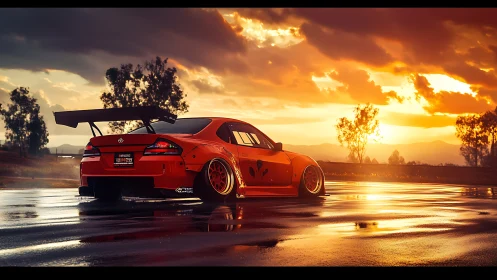Widebody drift car cuts wet track under blazing sunset sky.