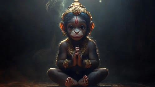 Divine baby monkey in ornate gold regalia under rim light.