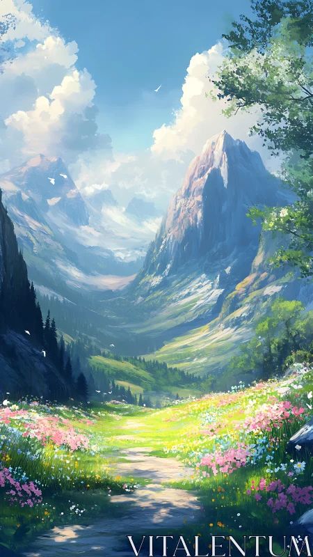 Wildflower path curls toward cloud-kissed cathedral peaks