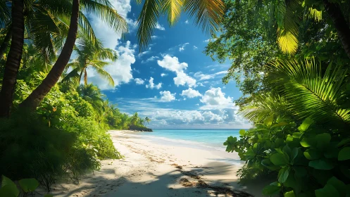 Tropical Beach Cove with Palm Trees and Clear Turquoise Waters.