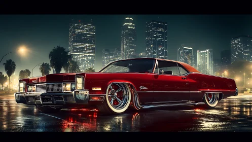 Lowrider coupe rendered against neon-soaked urban skyline.