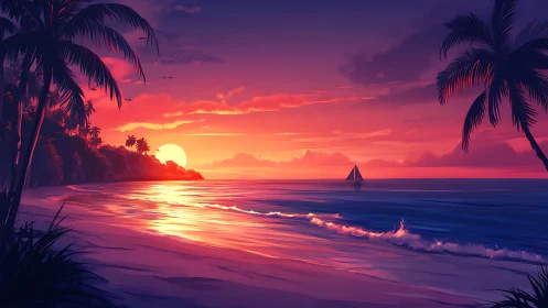Vibrant tropical sunset beach with palm silhouettes and sailboat.